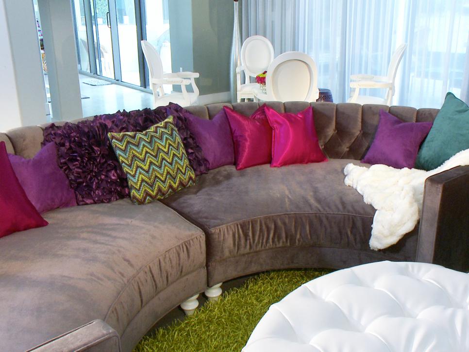 Living Room With Gray Sofa and Jewel-Tone Pillows