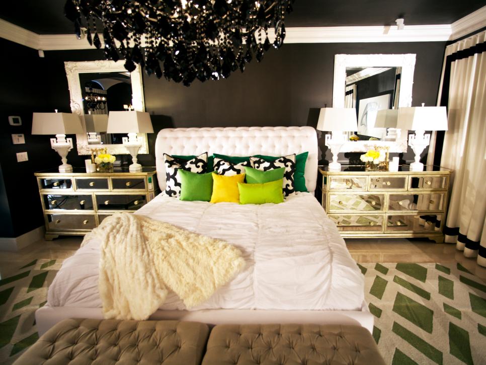 Black and White Eclectic Bedroom With Green and Yellow Accents
