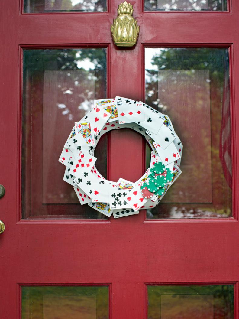 Wreath made of playing cards and poker chips