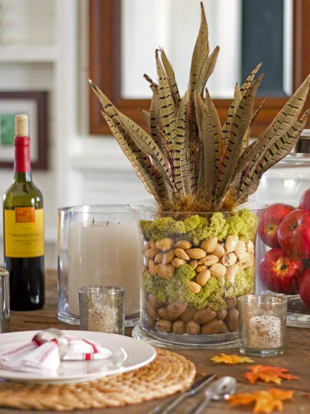 Pheasant Feather, Nut and Moss Centerpiece Pheasant Feather, Nut and Moss Centerpiece