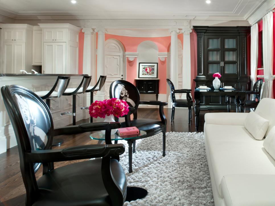 Open-Concept Pink, Black and White Living Room