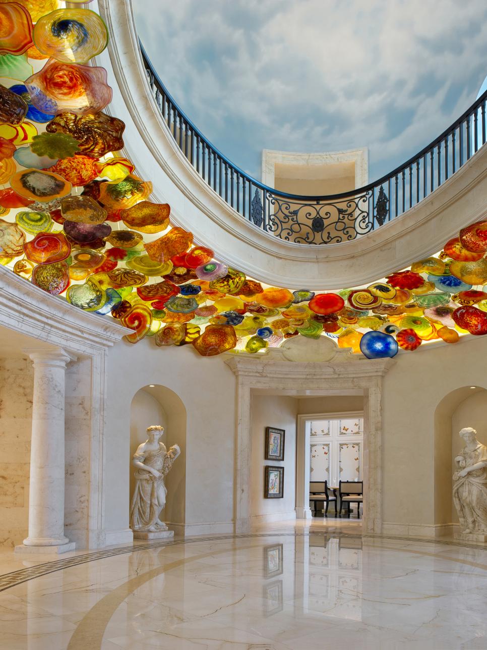 Foyer's Hand-Painted Sky Ceiling With Colorful Blown Glass Edge