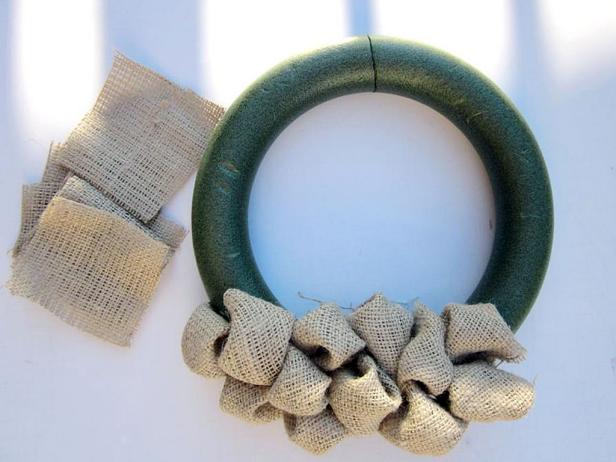 Attaching Burlap Bubbles to Foam Wreath Ring