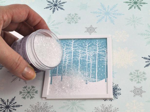 Add about one teaspoon of chunky glitter to inside cavity of shaker before removing the tape liner. Tip: If frame contains too much glitter, it will not shake well.