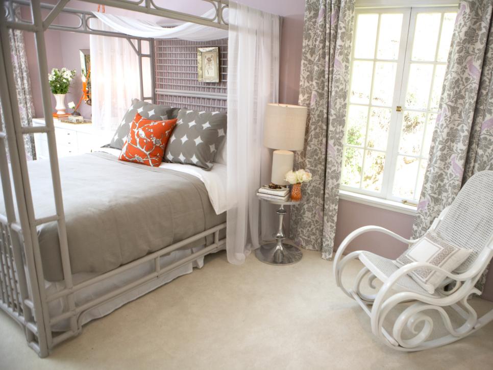 Gray Bedroom with White Bedframe and Rocking Chair