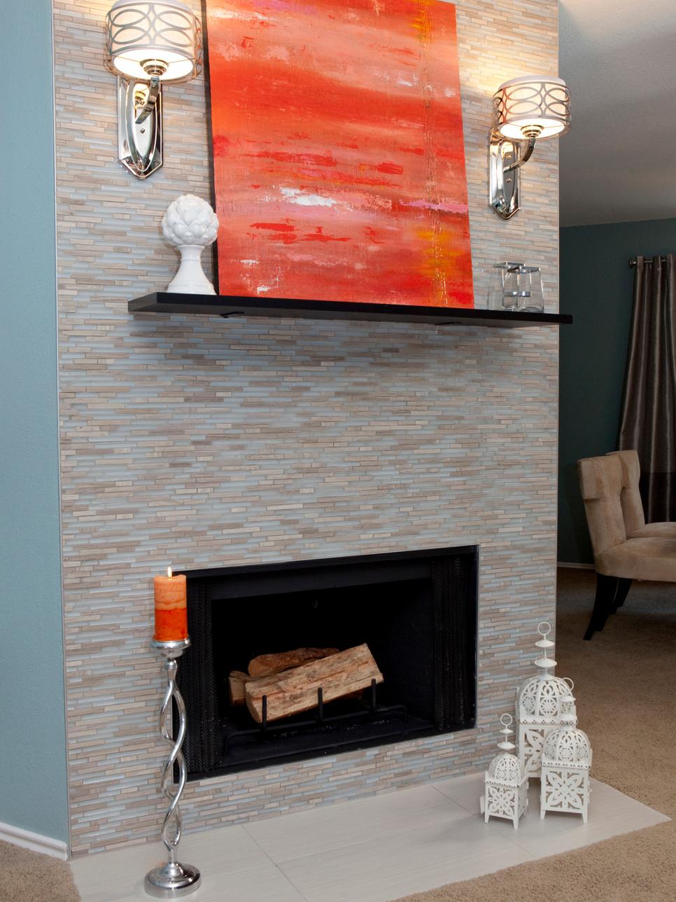Tile Fireplace and Orange painting Mosiac Tile Fireplace and Orange painting