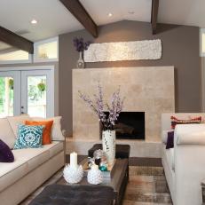Sleek Stone Fireplace in Transitional Living Room
