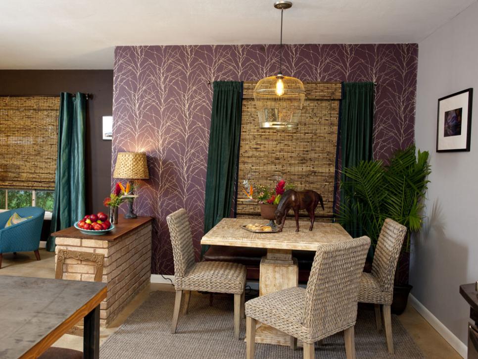 Dramatic Dining Area with Purple Wallpaper