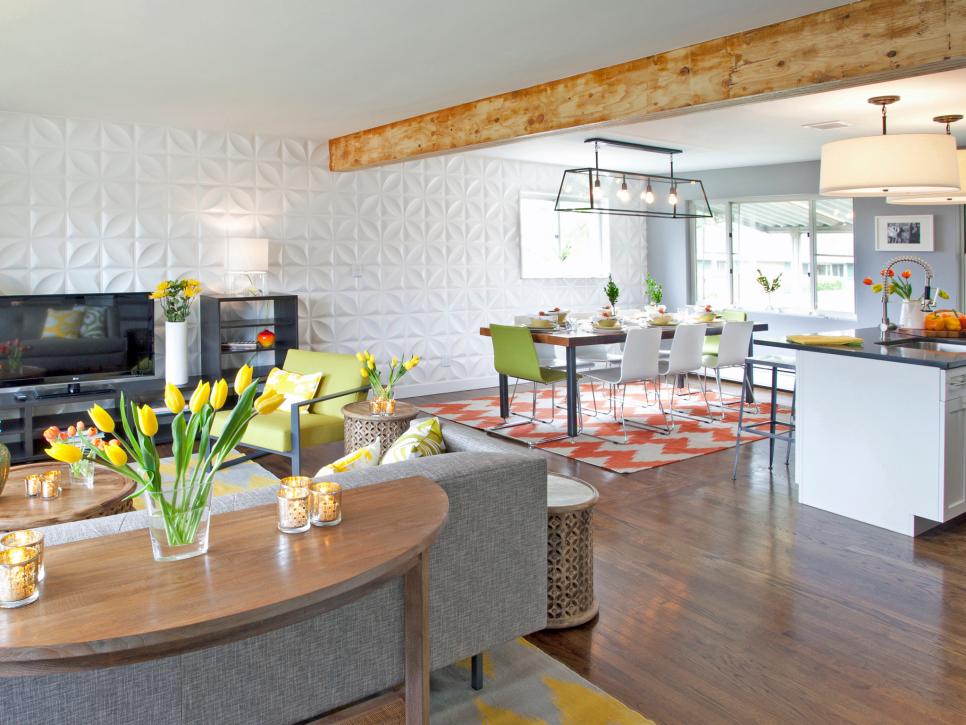 White Contemporary Living and Dining Area With Citrus Colored Accents