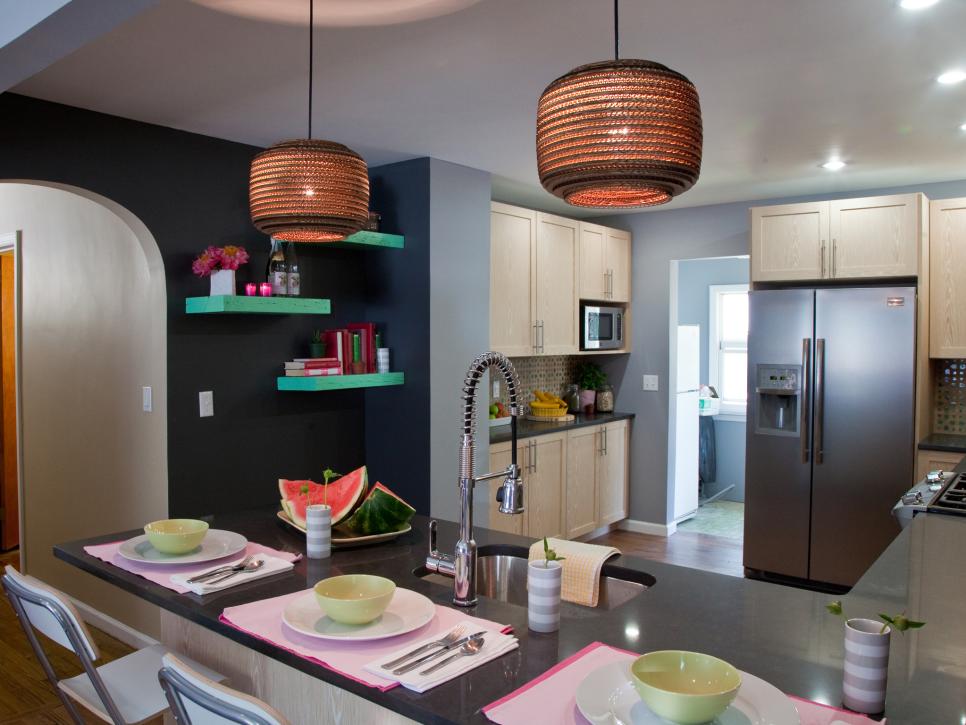 Kitchen With Pendant Lights, Black Accent Wall and Green Shelves
