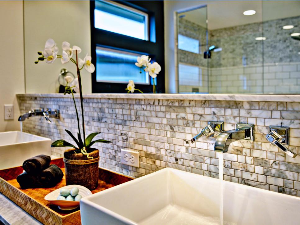 Contemporary Bathroom Vanity Area With Marble Backsplash