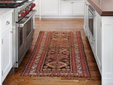 Transitional White Kitchen With Persian Wool Runner Rug