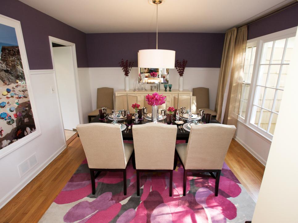 Purple dining room with purple area rug