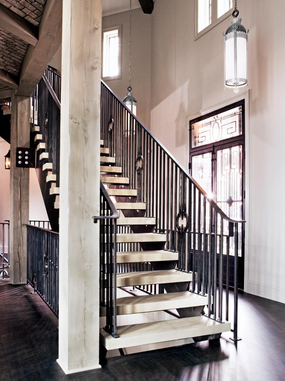 Interior Staircase with Wrought Iron Railings
