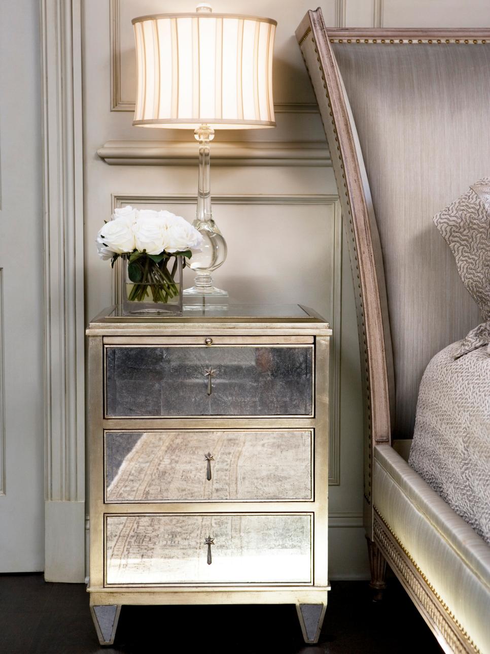Gray Bedroom Mirrored Nightstand With Upholstered Headboard 