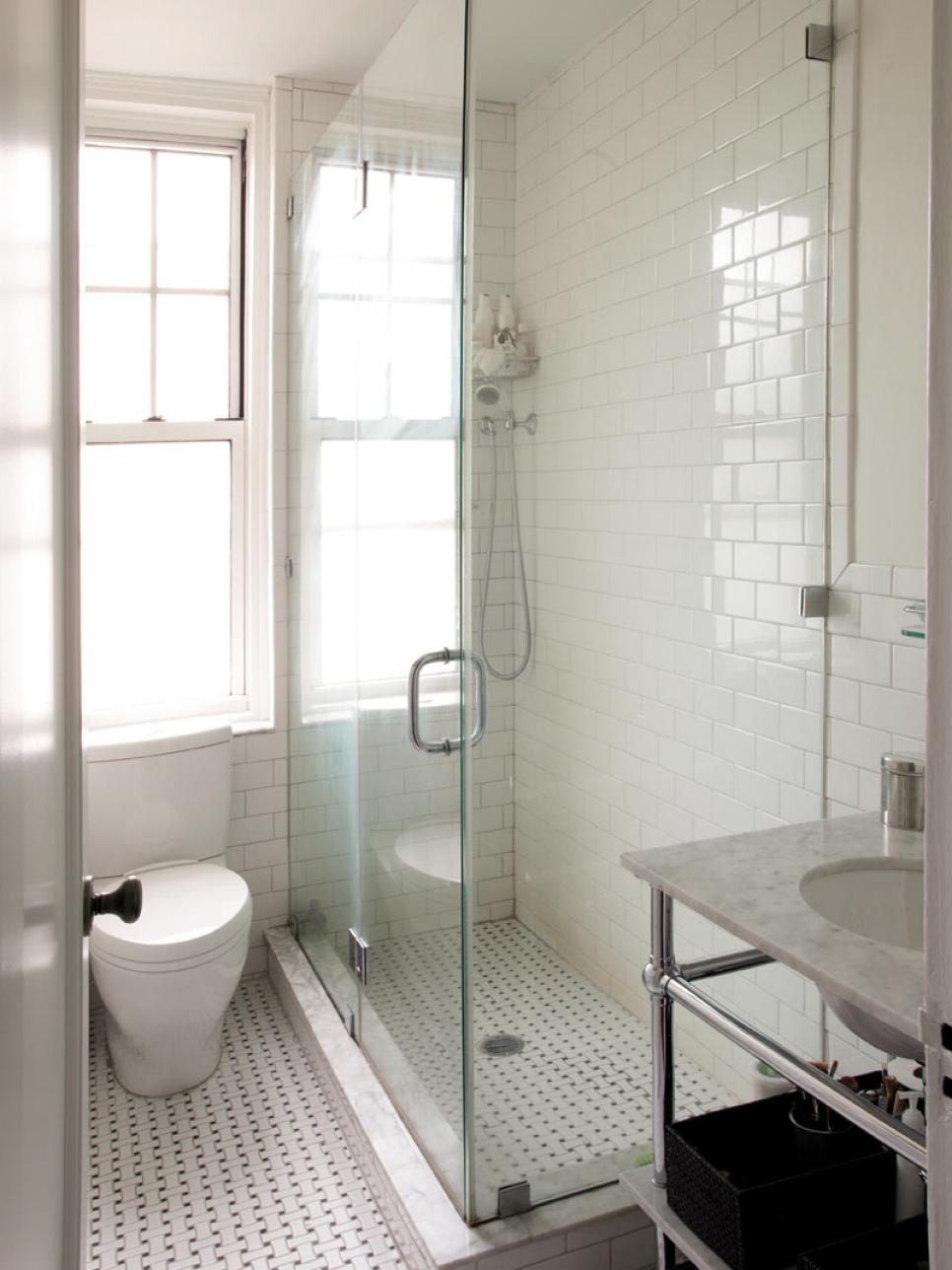 Subway and Basket Weave Tile in White Bathroom with Glass Shower