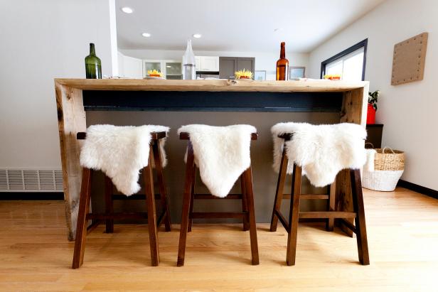 Contemporary Kitchen Breakfast Bar With Sheepskin Stools Contemporary Kitchen Breakfast Bar With Sheepskin Stools