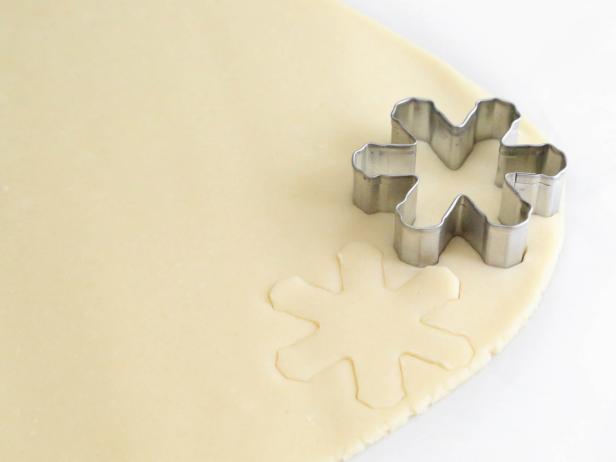 After rolling out the dough cut out desired shapes and transfer to prepared baking sheet.