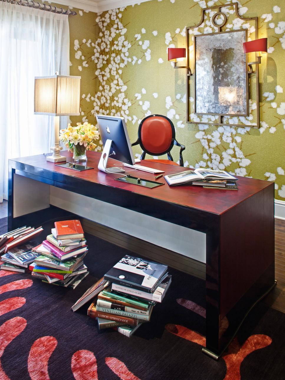 Bold Home Office With Patterned Wallpaper