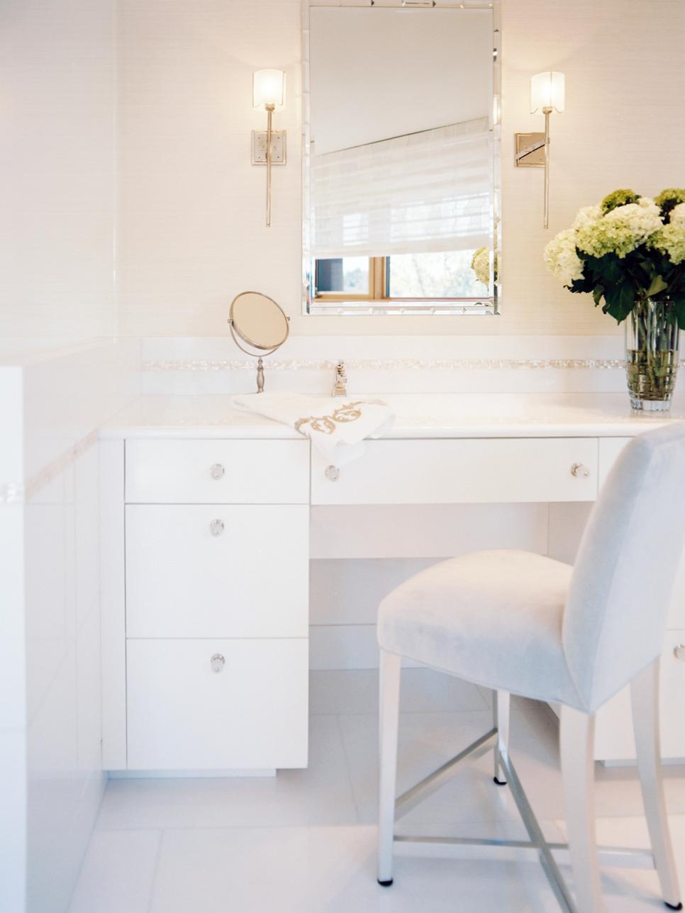 White Makeup Vanity With Neutral Chair, Mirror and Sconces