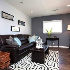 Contemporary Living Room With Gray Color Scheme and Geometric Area Rug