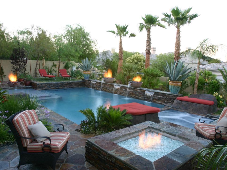 Pool Patio with Red Cushions and Raised Fire Pit