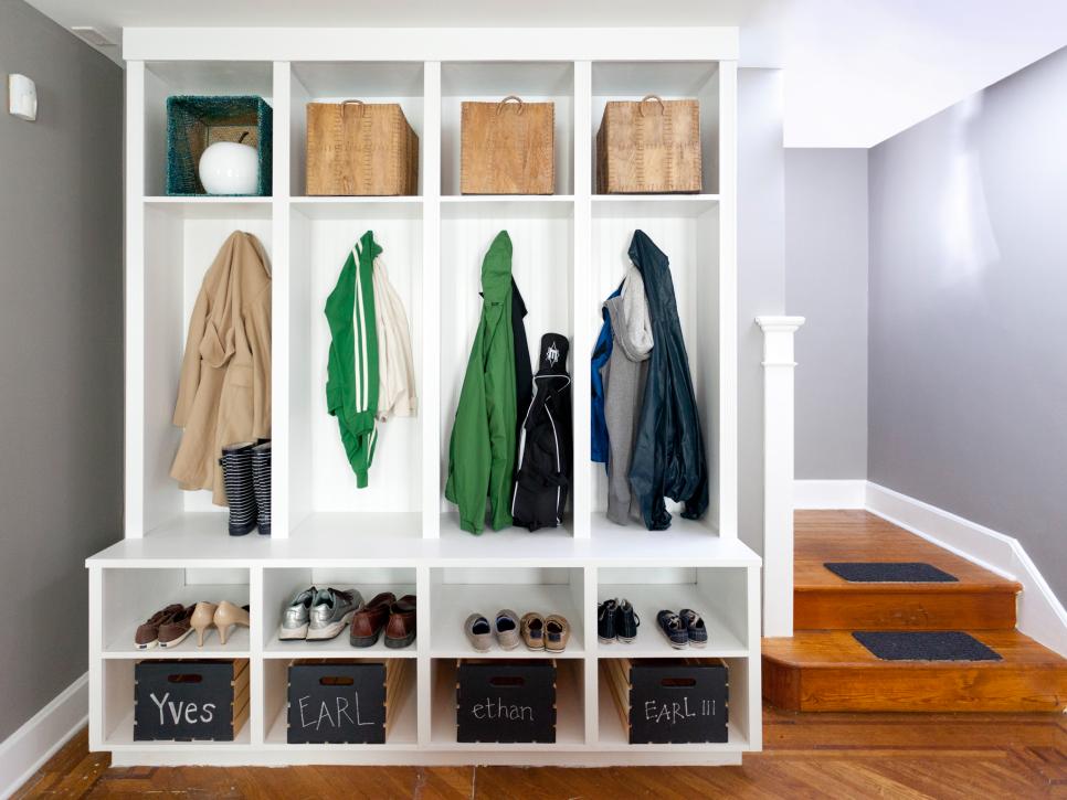 Gray Mudroom With White Built-In Locker Cubby Storage & Coat Rack