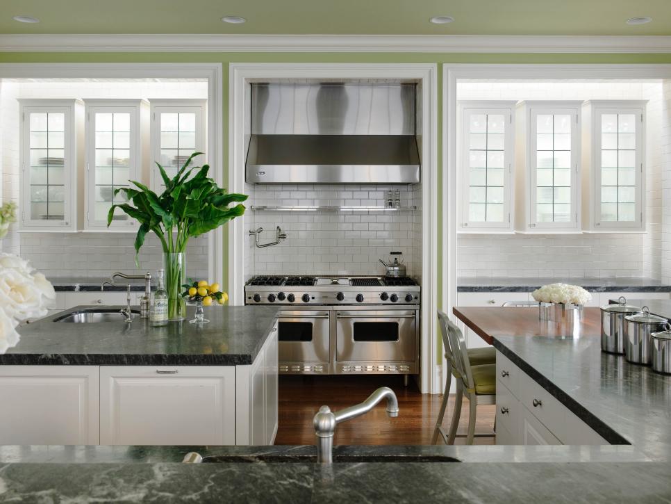 Transitional Green and White Kitchen with Gray Soap Stone 
