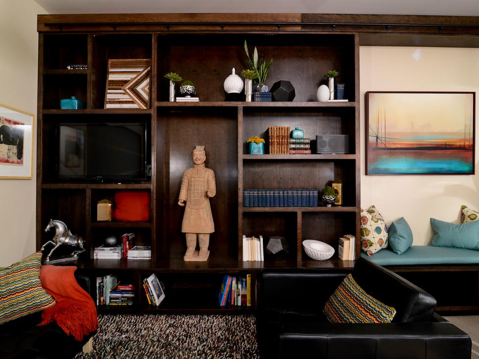 Contemporary Living Room with Wooden Built-In Shelving  