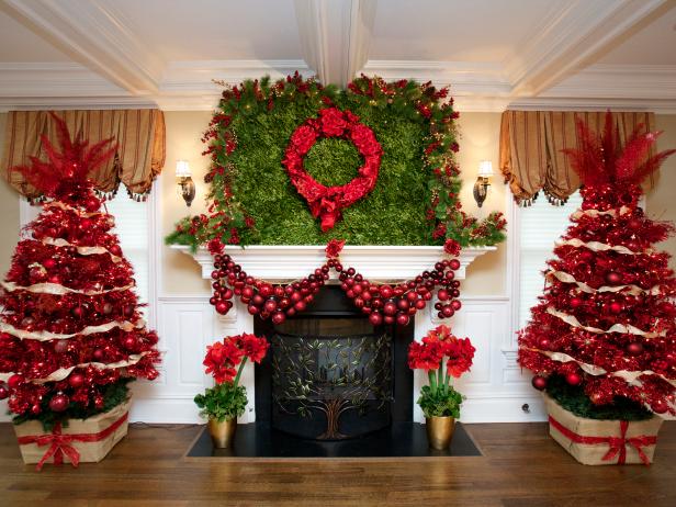 Tiki Barber's Festive Red Christmas Trees and Fireplace Mantel Tiki Barber's Festive Red Christmas Trees and Fireplace Mantel