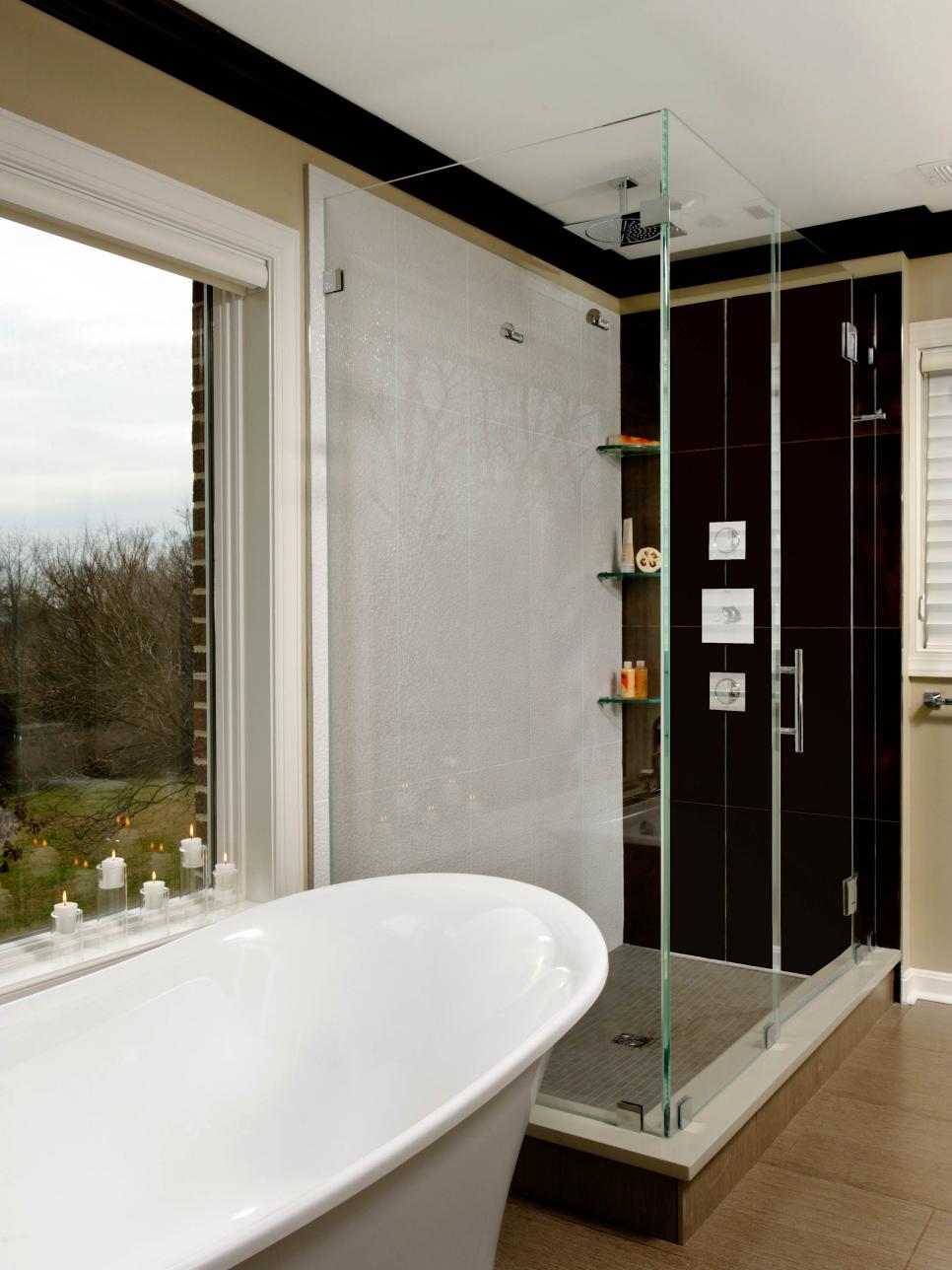 Freestanding Tub & Frameless Glass Shower Colorblock Bathroom With Large Picture Window