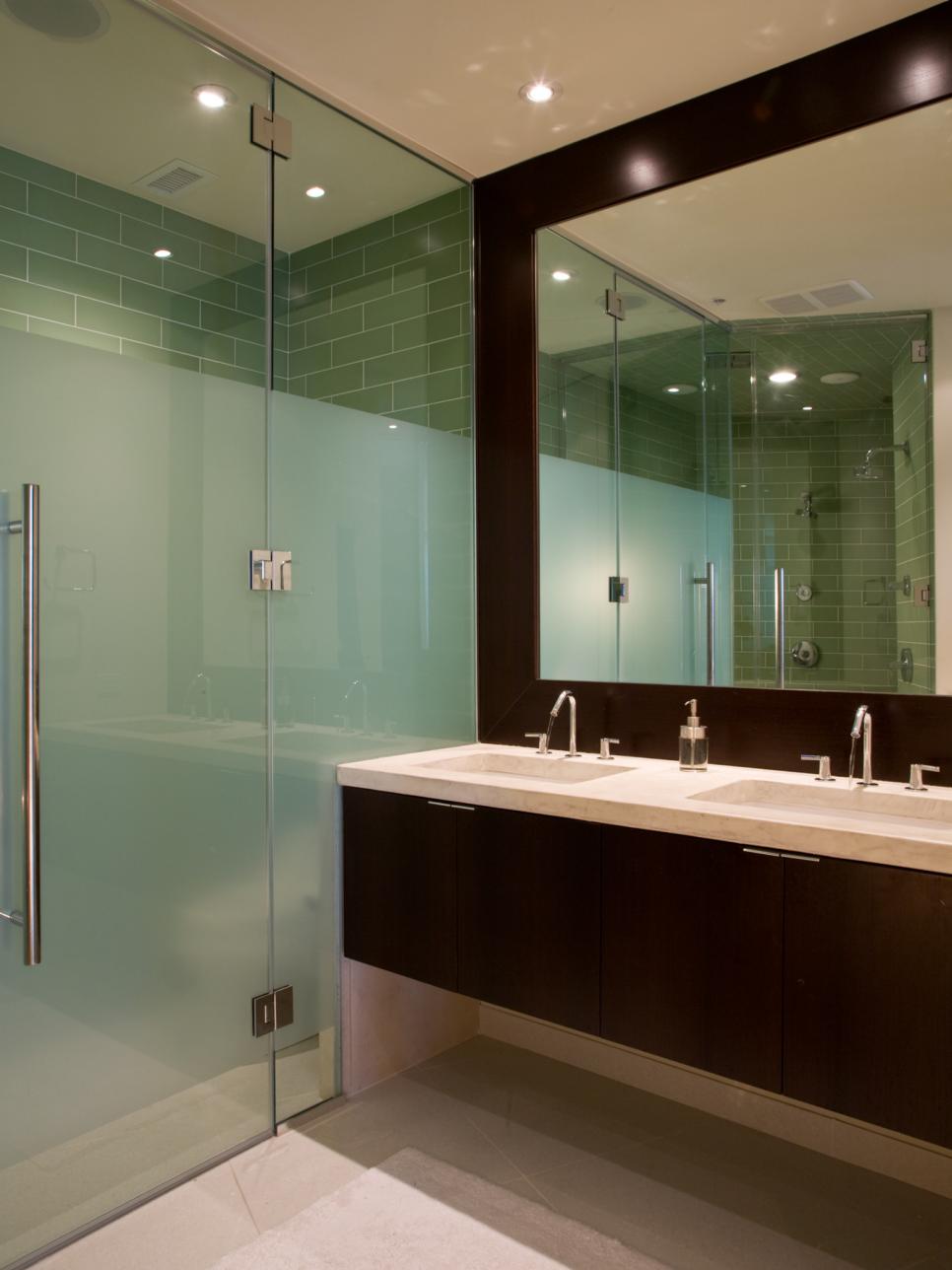 Neutral Bathroom with Walk-In Glass Shower and Dark Wood Vanity