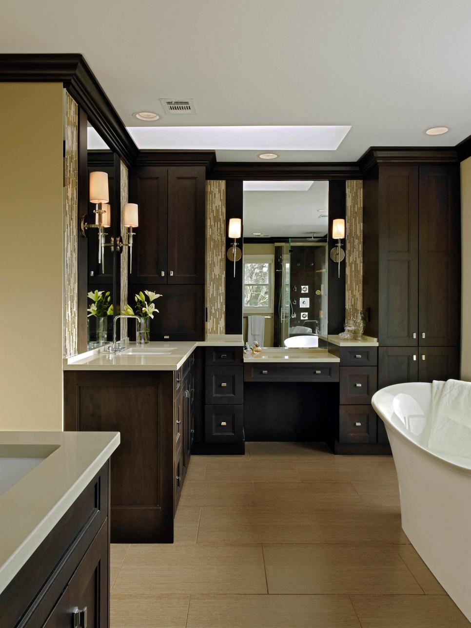 Spacious Bathroom With Wooden Cabinets and a Freestanding Tub