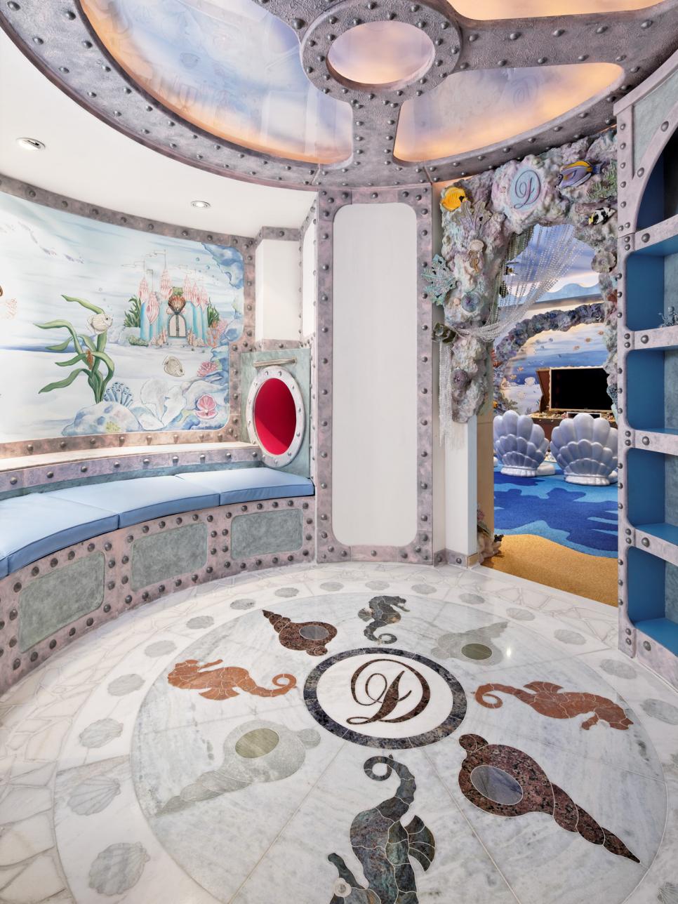 Colorful Contemporary Playroom Sea-Themed Playroom With Porthole Slide and Built-in Shelves