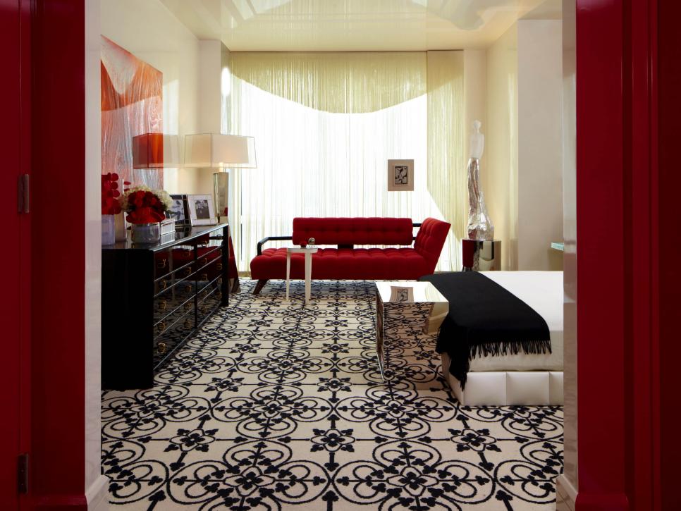 Contemporary Black and White Bedroom With Graphic Carpet