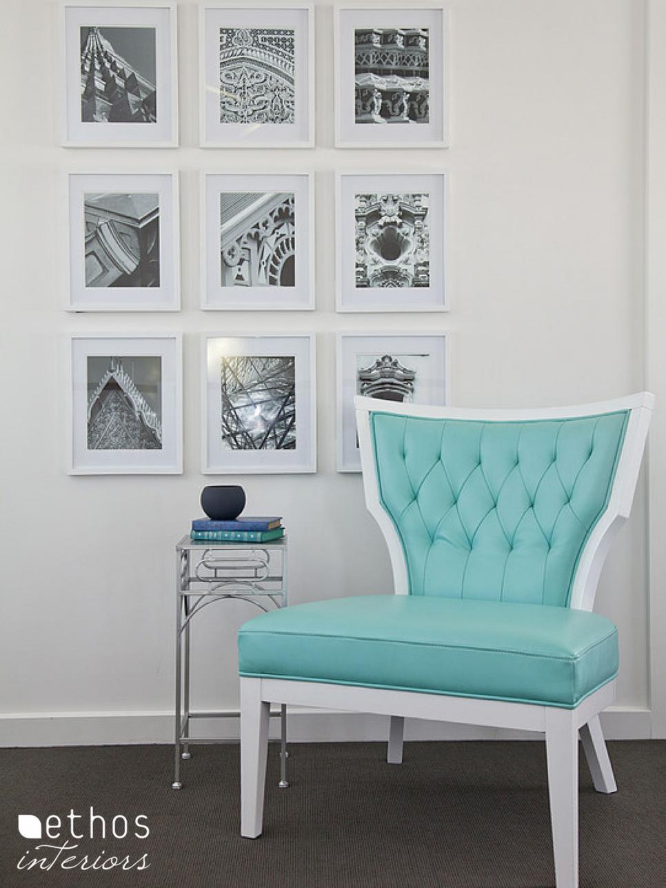 Bedroom Reading Nook With Turquoise Chair and Gallery Wall