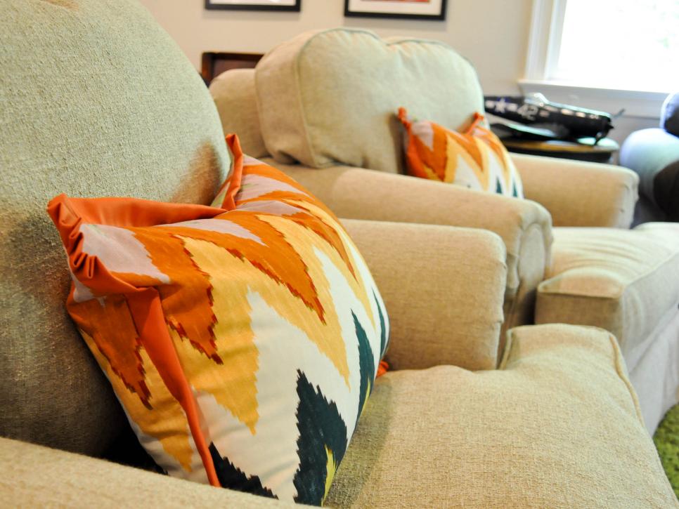 Khaki Club Chairs With Colorful Throw Pillows