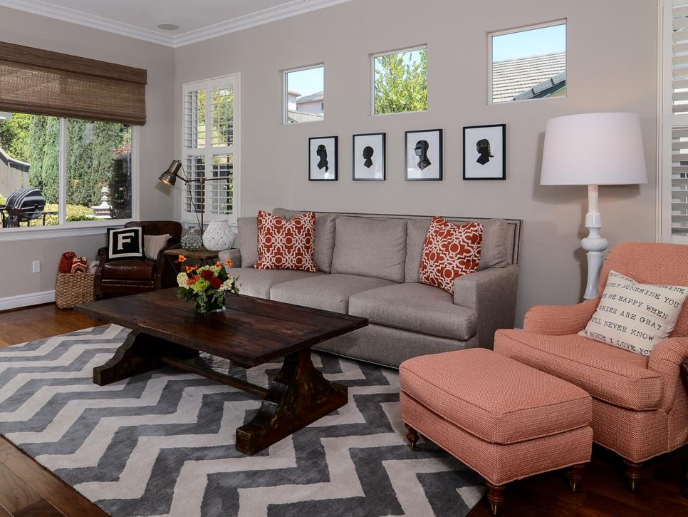 Transitional Beige Living Room With Coral Accents