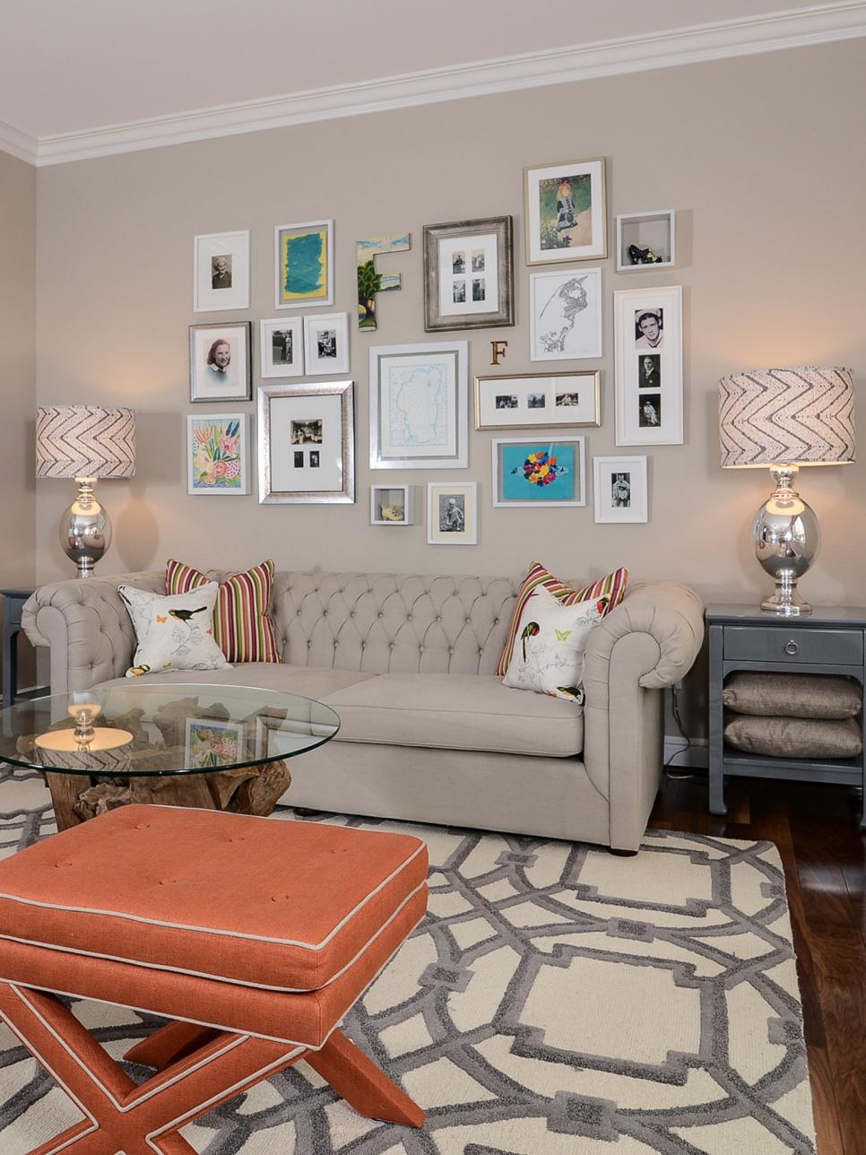 Living Room Chesterfield-Style Sofa, Coral X-Bench and Gallery Wall