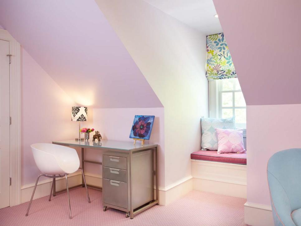 Pink Kid's Bedroom with Study Nook Desk and Built-In Window Seat