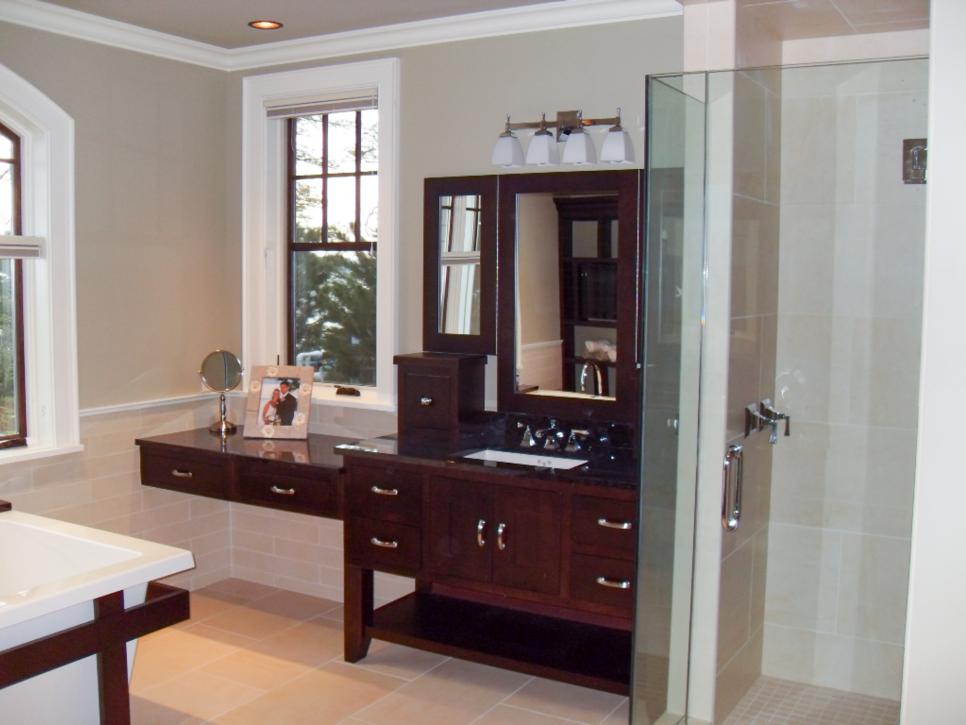 Neutral Bathroom With Walk-In Shower and Furniture-Style Wood Vanity