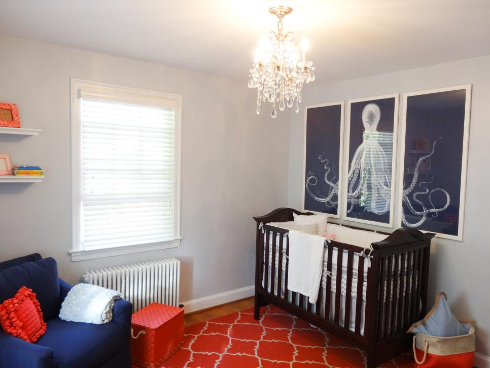 Nursery with Octopus Triptych, Red Rug and Chandelier