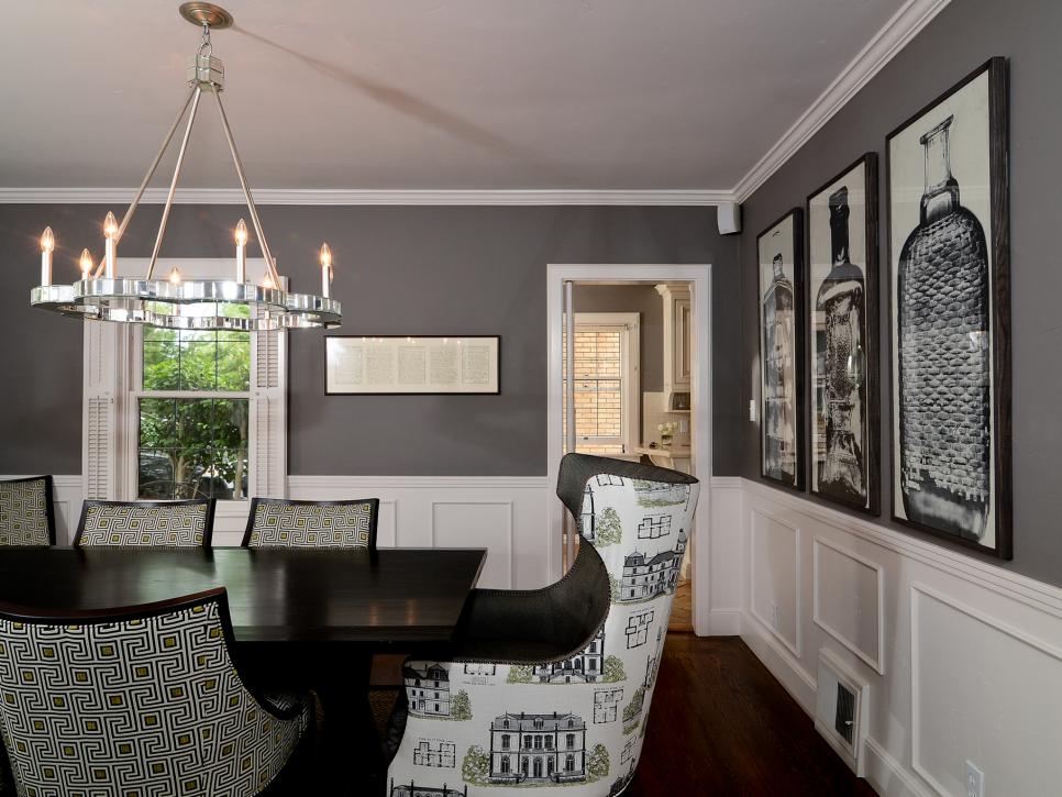 Transitional Gray Dining Room With Black Dining Table
