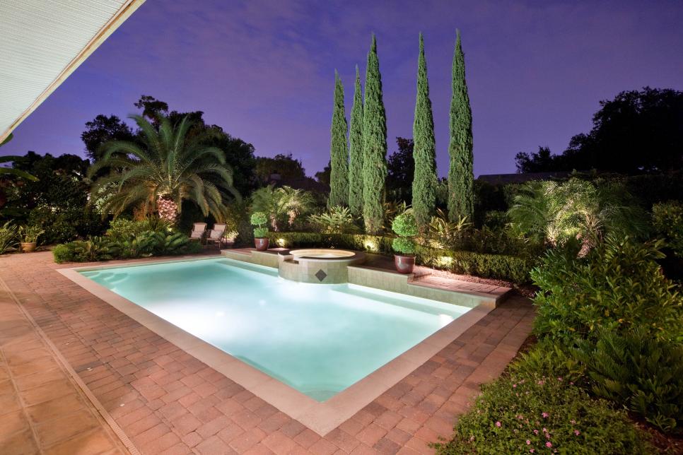 Illuminated Lap Pool with Towering Cypress Trees