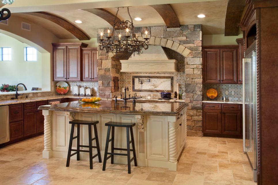 Mediterranean Kitchen With Ceiling Beams and Stone Architecture
