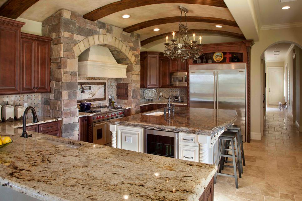 Old World Kitchen with Stone Hearth and Barrel Ceiling