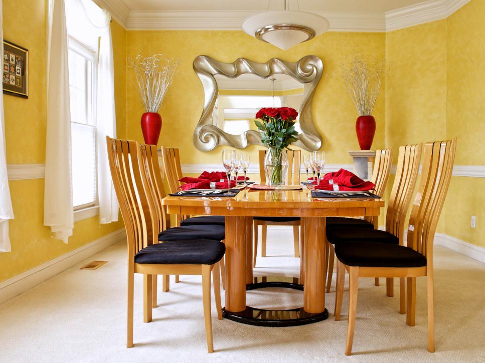 Yellow Faux-Finish Dining Room With Whimsical Silver Mirror