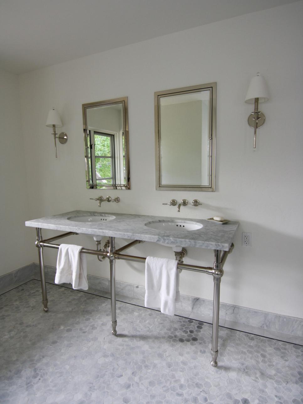 Hexagonal Tiles Look Posh in Traditional White Bathroom White Double Vanity Bathroom With Hexagon Tile Floor