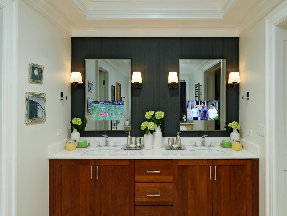 Contemporary Bathroom With TV-Integrated Mirrors and Black Accent Wall