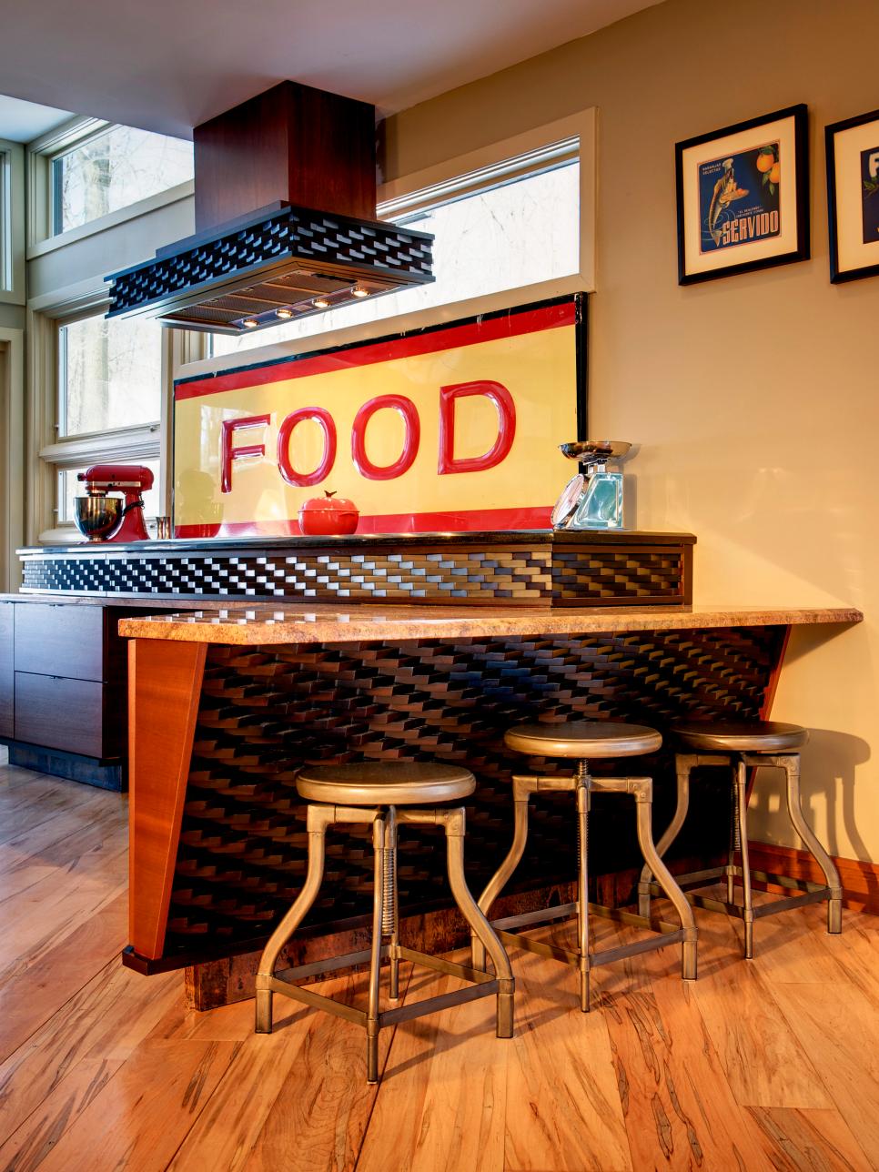 Neutral Bar With Industrial Barstools and Vintage Food Sign
